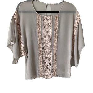 Language Los Angeles Flounce Blouse Womens XS Pink Blush Silk Crochet Accents